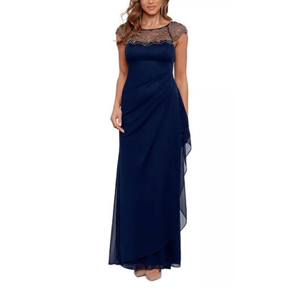 Xscape Dress Blue 16 Long Beaded Ruffle Wedding Cruise Formal Mother o Bride NEW - Picture 1 of 11